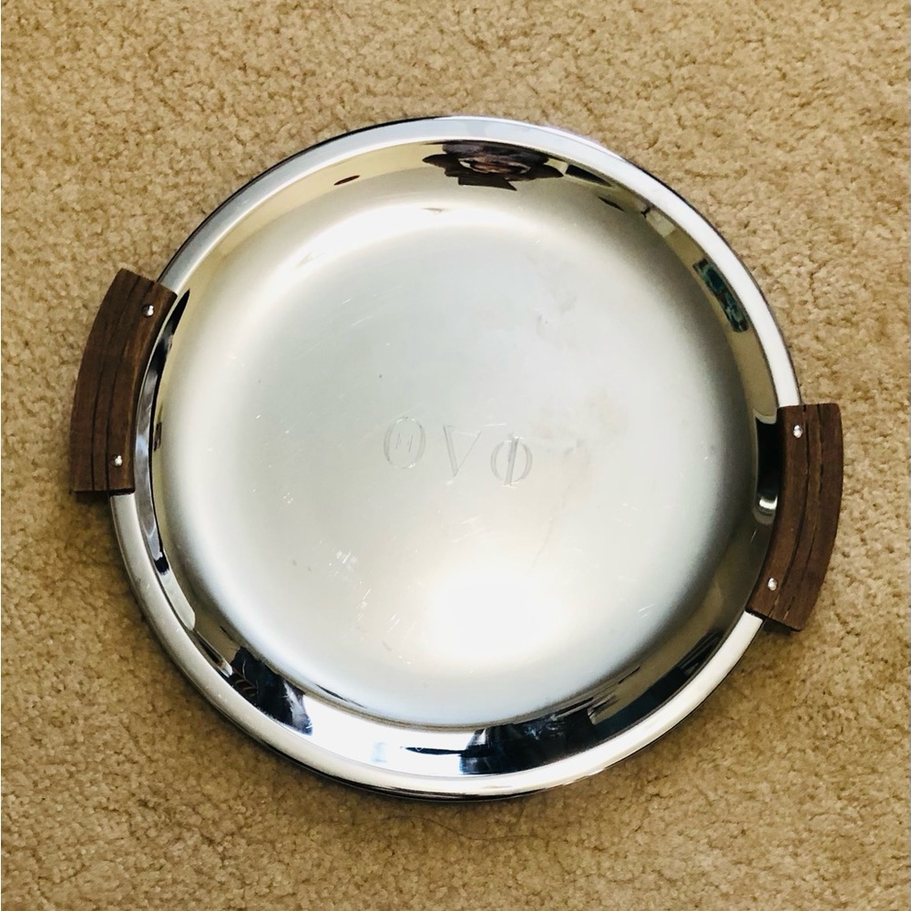Vintage Kromex MCM Round Shiny Chrome Tray w/ Wood Handles Vintage Accent Decor